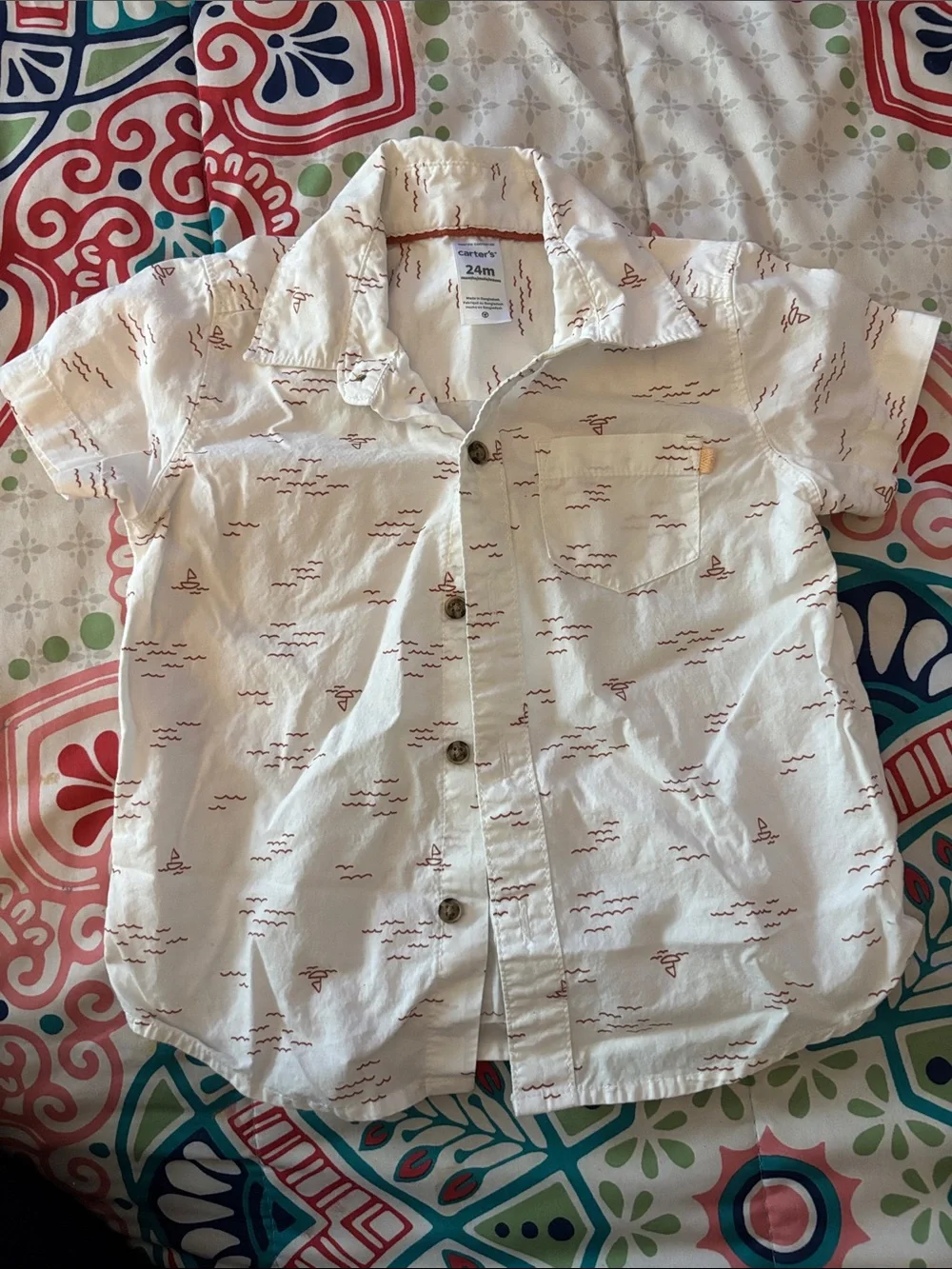 Carter's White Short-Sleeve Button-Down Shirt with Red Nautical Print